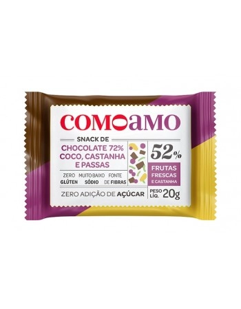 Snack Chocolate 72% Coco Castanhas e Passas- ComoAmo- Display 16 X 20g
