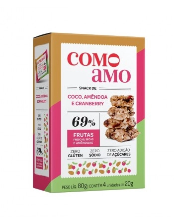 Snack Doce Coco Amêndoas e Cranberry Zero - ComoAmo - SM 4x20g