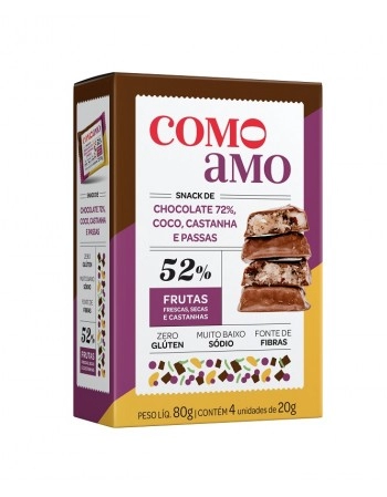 Snack Doce Chocolate72% Coco Castanhas Passas Zero - ComoAmo- SM 4x20g