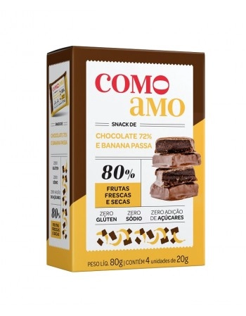 Snack Doce Chocolate 72% e Banana Passa Zero - ComoAmo - SM 4x20g